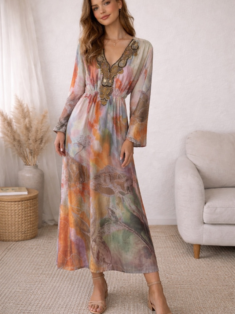 Bohemian Multi-Color Embroidered V-Neck Maxi Dress